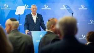 Israeli War Cabinet member Benny Gantz speaks at the Conference of Presidents of Major American Jewish Organizations in Jerusalem, Feb. 18, 2024. Photo by Yonatan Sindel/Flash90.