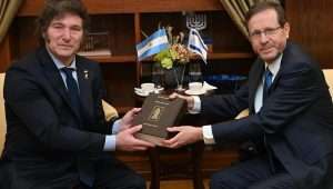 Israeli President Isaac Herzog meets at his residence in Jerusalem with his Argentinian counterpart Javier Milei, Feb. 6, 2024. Photo by Haim Zach/GPO.