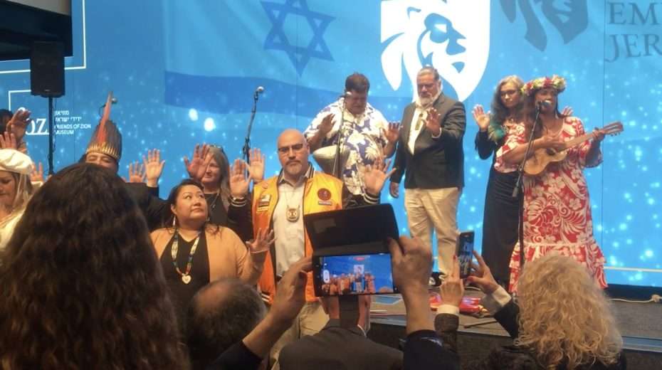 Indigenous people bless Jews at the opening of the Indigenous Embassy Jerusalem, Feb. 1, 2024. Credit: David Isaac.