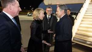 US Secretary of State Antony Blinken is greeted by Amy Gutmann, the US ambassador to Germany, as he arrives in Munich, Germany on Feb. 15, 2024. Credit: Chuck Kennedy/US State Department.