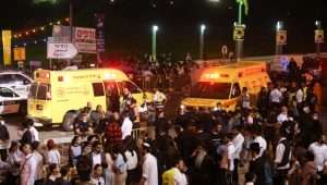 Israeli rescue forces and police at the scene after a mass fatality scene during the celebrations of the Jewish holiday of Lag Baomer on Mt. Meron, in northern Israel on April 30, 2021. Photo by David Cohen/Flash90