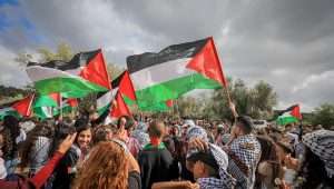 Israeli Arabs take part in a rally marking the "Nakba," a term used by Palestinians and their supporters to describe Israel’s creation, near Sakhnin in northern Israel, April 5, 2022. Photo by Jamal Awad/Flash90.