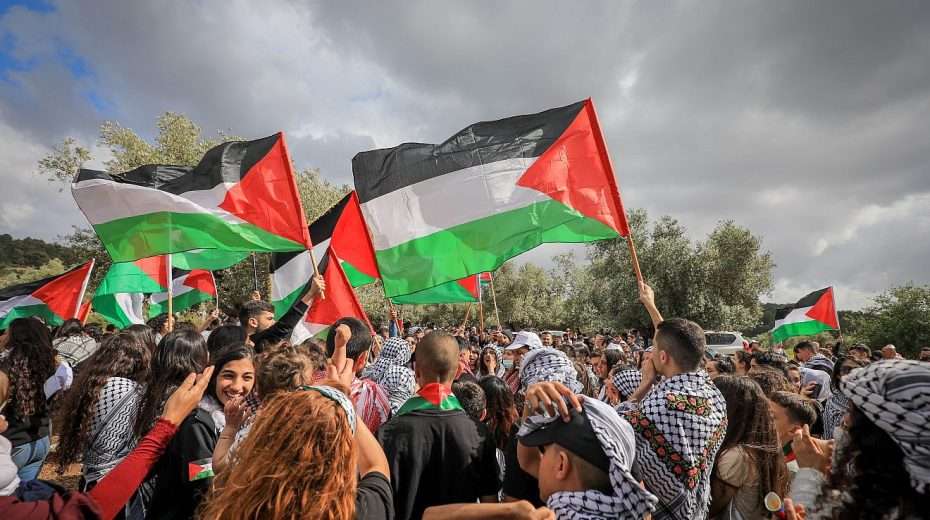 Israeli Arabs take part in a rally marking the "Nakba," a term used by Palestinians and their supporters to describe Israel’s creation, near Sakhnin in northern Israel, April 5, 2022. Photo by Jamal Awad/Flash90.
