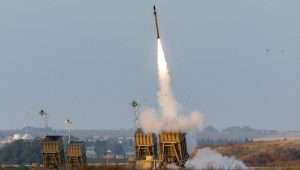 Iron Dome anti-missile system fires interception missiles as rockets fired from the Gaza Strip to Israel, in Sderot on May 13, 2023. Photo by Yonatan Sindel/Flash90