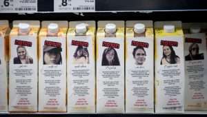 Stickers with photos and descriptions of Israelis held hostage by Hamas terrorists in Gaza, been posted on milk cartons at a super market in Tel Aviv, by Israelis calling for a release of the hostages now. March 20, 2024. Photo by Miriam Alster/FLASH90