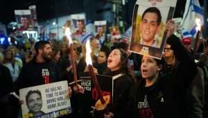 Israelis protest outside the Kirya military headquarters in Tel Aviv, calling for the release of hostages held in the Gaza Strip and the replacement of the Netanyahu government, March 23, 2024. Photo by Erik Marmor/Flash90.