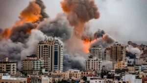 A ball of fire and smoke rises during an Israeli airstrike in the Gaza Strip, Oct. 9, 2023. Photo by Atia Mohammed/Flash90.