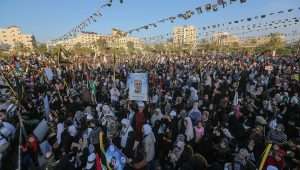 Supporters of Palestinian Islamic Jihad participate in a rally in Gaza City marking the 36th anniversary of the movement's foundation, Oct. 6, 2023. Photo by Atia Mohammed/Flash90.