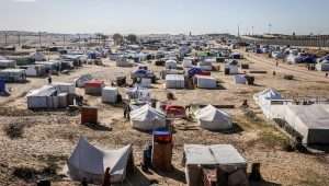 Displaced Palestinians pitch tents next to the Egyptian border with the city of Rafah in the southern Gaza Strip on March 8, 2024. Photo by Abed Rahim Khatib/Flash90.