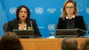 Pramila Patten (left), special representative of the UN secretary-general on sexual violence in conflict, and Chloe Marnay-Baszanger, leader of the team of experts on the rule of law and sexual violence in conflict, brief reporters at UN Headquarters on March 4, 2024. Credit: Mark Garten/UN Photo.