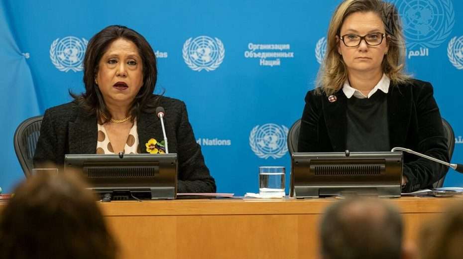 Pramila Patten (left), special representative of the UN secretary-general on sexual violence in conflict, and Chloe Marnay-Baszanger, leader of the team of experts on the rule of law and sexual violence in conflict, brief reporters at UN Headquarters on March 4, 2024. Credit: Mark Garten/UN Photo.