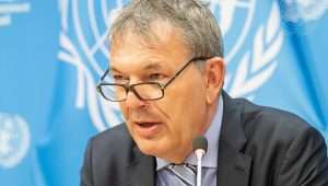 Philippe Lazzarini, commissioner-general of the United Nations Relief and Works Agency for Palestine Refugees in the Near East (UNRWA), briefs reporters at UN headquarters in New York City on March 4, 2024. Credit: Mark Garten/UN Photo.