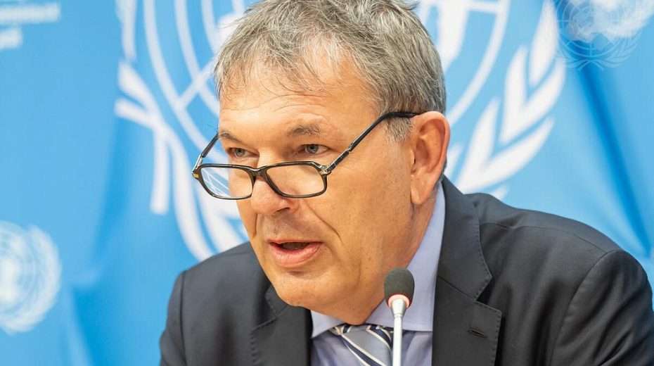 Philippe Lazzarini, commissioner-general of the United Nations Relief and Works Agency for Palestine Refugees in the Near East (UNRWA), briefs reporters at UN headquarters in New York City on March 4, 2024. Credit: Mark Garten/UN Photo.