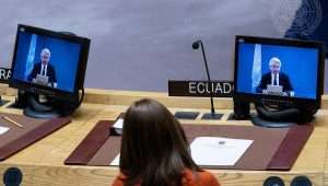 Tor Wennesland (on screen), UN special coordinator for the Middle East peace process, briefs the United Nations Security Council meeting on the situation in the Middle East, including the Palestinian question, on March 26, 2024. Credit: Eskinder Debebe/UN Photo.