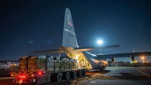 Over 38,000 Meals Ready to Eat and water destined for an airdrop over Gaza are loaded aboard a US Air Force C-130J Super Hercules at an undisclosed location in Southwest Asia March 1, 2024. Credit: US Air Force.