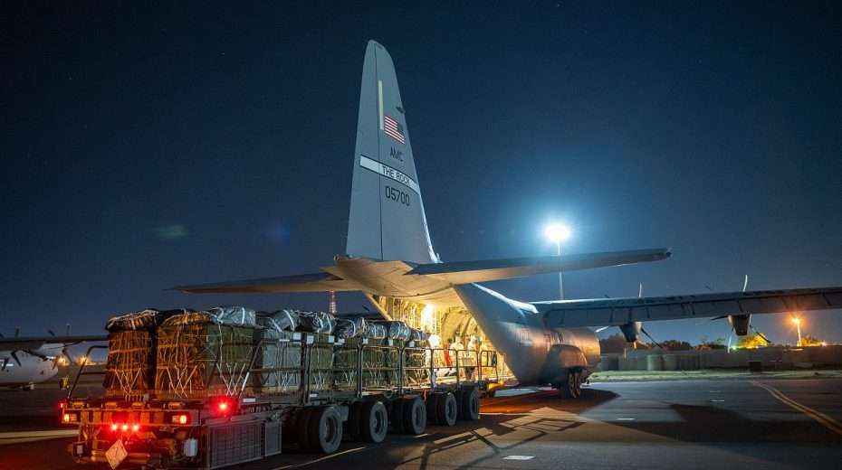 Over 38,000 Meals Ready to Eat and water destined for an airdrop over Gaza are loaded aboard a US Air Force C-130J Super Hercules at an undisclosed location in Southwest Asia March 1, 2024. Credit: US Air Force.