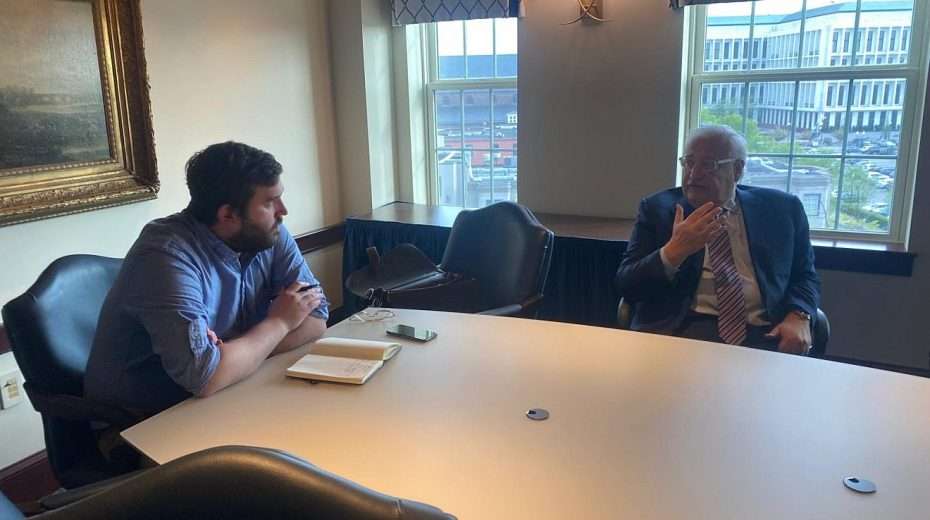 NS reporter Andrew Bernard (left) interviews David Friedman, former U.S. ambassador to Israel, at the Heritage Foundation in Washington on April 15, 2024. Credit: Courtesy.