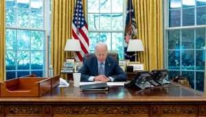 US President Joe Biden talks on the phone with Israeli Prime Minister Benjamin Netanyahu on Oct. 11, 2023, in the Oval Office. Credit: Adam Schultz/White House.