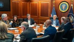 US President Joe Biden meets with member of the national security team regarding the unfolding missile attacks on Israel from Iran on April 13, 2024, in the White House Situation Room. Credit: Adam Schultz/White House.