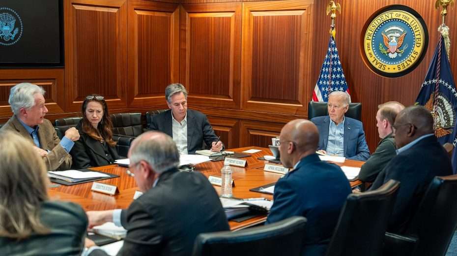 US President Joe Biden meets with member of the national security team regarding the unfolding missile attacks on Israel from Iran on April 13, 2024, in the White House Situation Room. Credit: Adam Schultz/White House.