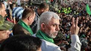 Yahya Sinwar, leader of the Palestinian Hamas movement, gestures during a rally in Beit Lahiya on May 30, 2021. Photo by Atia Mohammed/Flash90.