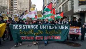 Pro-Palestinian protesters hold a "Land Day" protest outside Jewish organizations in Manhattan, New York City, March 30, 2022. Photos by Luke Tress/Flash90