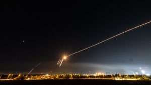 Iron dome anti-missile system fires interception missiles as rockets are fired from the Gaza Strip to Israel, as it seen from Sderot on May 10, 2023. Photo by Yonatan Sindel/Flash90