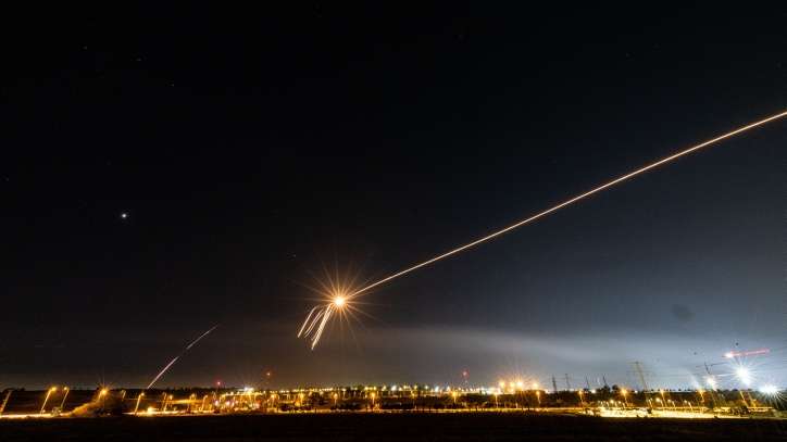 Iron dome anti-missile system fires interception missiles as rockets are fired from the Gaza Strip to Israel, as it seen from Sderot on May 10, 2023. Photo by Yonatan Sindel/Flash90