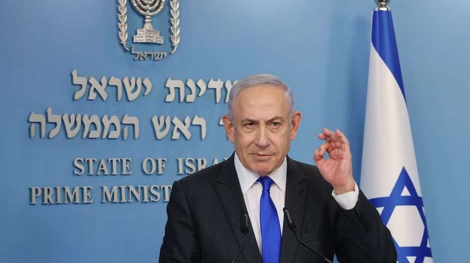 Israeli Prime Minister Benjamin Netanyahu speaks during a press conference in Jerusalem, March 31, 2024. Photo by Marc Israel Sellem/POOL.