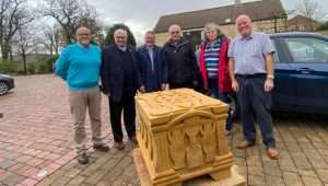 Viewing the Lincoln Jewish Memorial Stone on its arrival in December 2023 are representatives of the city’s Jewish communities, the International Christian Embassy Jerusalem and Phil Kerry of Goldholme Stone.