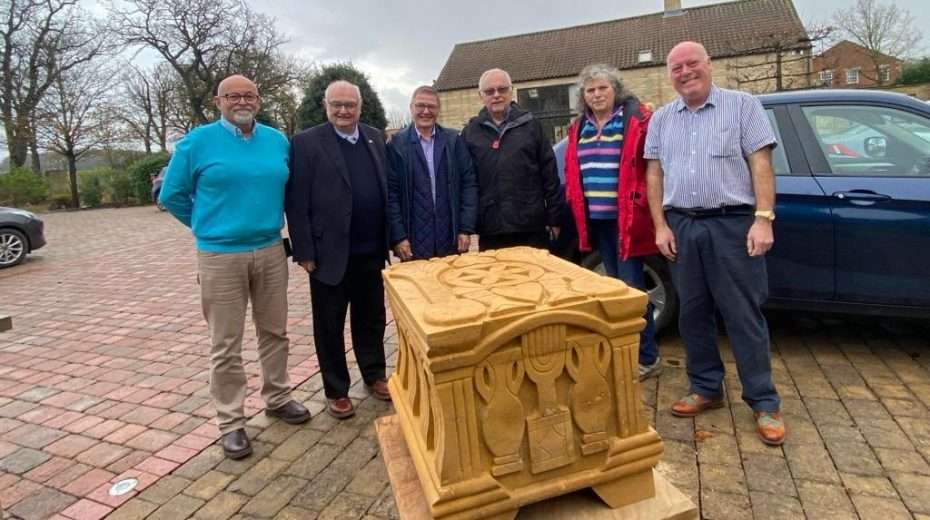 Viewing the Lincoln Jewish Memorial Stone on its arrival in December 2023 are representatives of the city’s Jewish communities, the International Christian Embassy Jerusalem and Phil Kerry of Goldholme Stone.