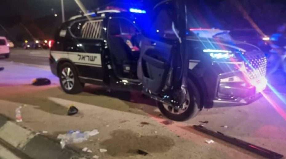 Four Israel Police officers were injured in a vehicular assault close to the Kochav Yair Junction in central Israel, April 3, 2024. (Video screenshot)