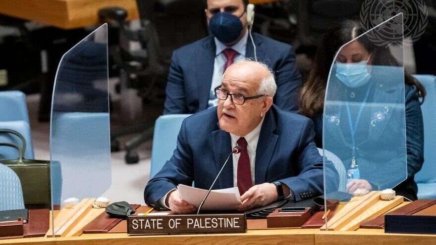 PLO envoy to the UN Riyad Mansour addresses the Security Council meeting on the situation in the Middle East, April 25, 2022. Credit: Mark Garten/UN Photo.