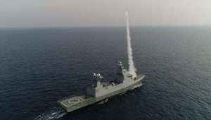 A live-fire test of the "C-Dome" defense system from aboard the “INS Magen” missile corvette. Credit: Israeli Ministry of Defense.