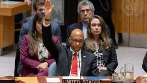 Robert Wood, deputy permanent representative of the United States to the United Nations, vetoes the Palestinian bid for admission as a member state of the United Nations at the U.N. Security Council on April 18, 2024. Credit: Manuel Elías/UN Photo.