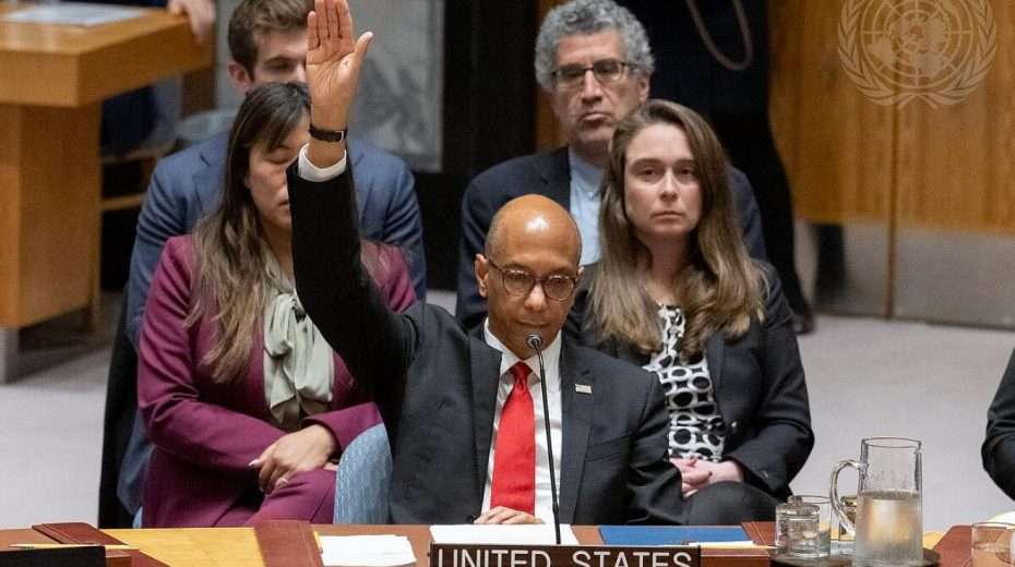 Robert Wood, deputy permanent representative of the United States to the United Nations, vetoes the Palestinian bid for admission as a member state of the United Nations at the U.N. Security Council on April 18, 2024. Credit: Manuel Elías/UN Photo.