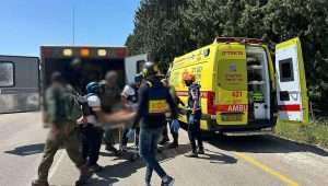 Medical and security personnel at the scene of a Hezbollah terrorist attack in Arab al-Aramshe in the Western Galilee, April 17, 2024. Credit: Magen David Adom.