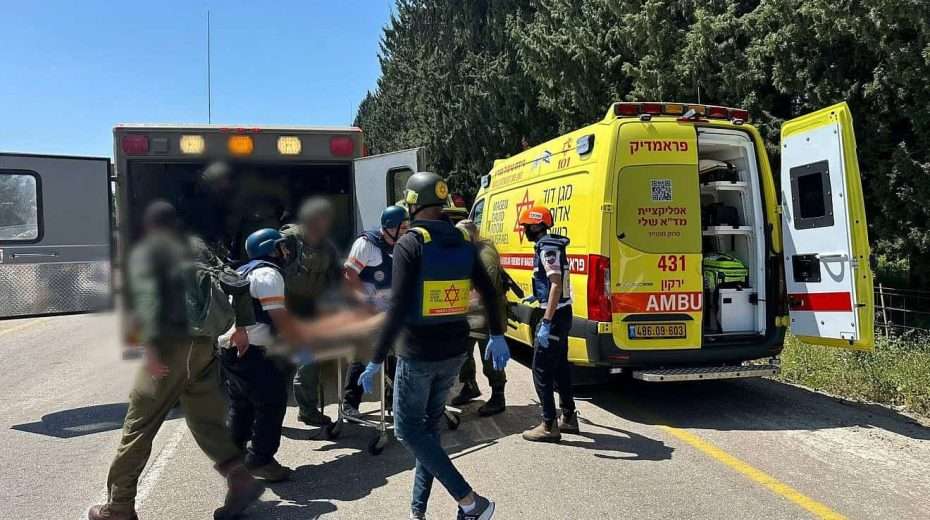 Medical and security personnel at the scene of a Hezbollah terrorist attack in Arab al-Aramshe in the Western Galilee, April 17, 2024. Credit: Magen David Adom.