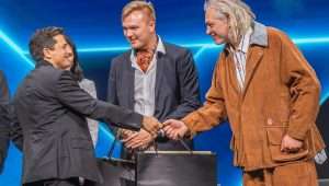 Social-media influencer Stefan Tompson (center; at right is the singer Matisyahu) is honored by Israeli Minister of Diaspora Affairs Amichai Chikli in Jerusalem, March 31, 2024. Credit: Courtesy.
