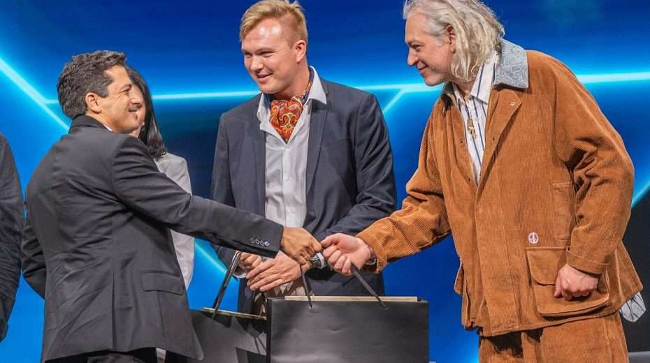 Social-media influencer Stefan Tompson (center; at right is the singer Matisyahu) is honored by Israeli Minister of Diaspora Affairs Amichai Chikli in Jerusalem, March 31, 2024. Credit: Courtesy.