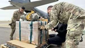 US Air Force loadmasters arrange bundles of humanitarian aid destined for an airdrop over the Gaza Strip onto a HC-130J Combat King II at an undisclosed location within the US Central Command area of responsibility on March 20, 2024. Credit: US Air Force Photo.