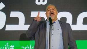 Ra'am Chairman Mansour Abbas at the party's campaign headquarters in the Arab town of Tamra, as the results of the Israeli elections are announced, Nov. 1, 2022. Photo by Flash90.