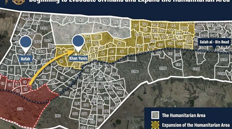 The IDF has begun evacuations of eastern Rafah to a new expanded humanitarian zone at Al-Mawasi. Credit: IDF.