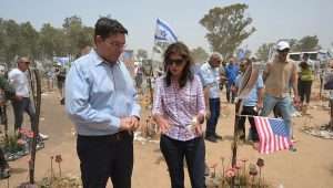 Nikki Haley, former US ambassador to the United Nations, and Knesset member Danny Danon visit the makeshift memorial at the site of the Supernova music festival massacre in southern Israel, May 27, 2024. Credit: Courtesy.