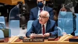 PLO envoy to the UN Riyad Mansour addresses the Security Council meeting on the situation in the Middle East, April 25, 2022. Credit: Mark Garten/UN Photo.
