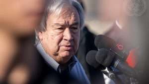 UN Secretary-General António Guterres briefs the press at the Rafah border crossing into Gaza. The Secretary-General reiterated his calls for a humanitarian ceasefire and the cessation of violence, notably in Gaza on March 23, 2024. Credit: Mark Garten/UN Photo.