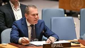 Israeli ambassador Gilad Erdan warns that President Biden has given Israel's enemies hope of victory, and thus perpetuated the conflict. Photo by Evan Schneider/UN Photo