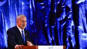 Israeli Prime Minister Benjamin Netanyahu speaks during a ceremony held at the Yad Vashem Holocaust Memorial Museum in Jerusalem, as Israel marks the country's annual Holocaust Remembrance Day on April 17, 2023. Photo by Erik Marmor/Flash90.