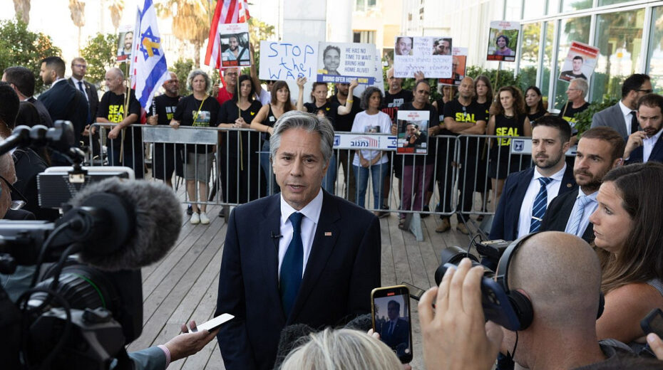 Secretary of State Antony Blinken talks to reporters in Tel Aviv, June 11, 2024. Photo by Chuck Kennedy/US State Department.