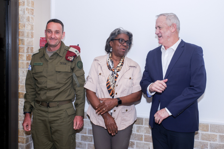 Israeli minister of Defense Benny Gantz meets with United States Ambassador to the UN, Linda Thomas-Greenfield and IDF Deputy Chief of Staff Herzi Halevi in Northern Israel, on November 16, 2021. Photo by David Cohen/Flash90